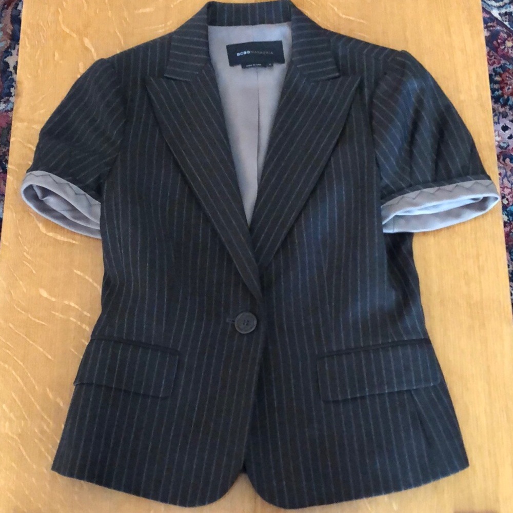 BCBGMaxazria Wool Short Sleeve Brown with Grey Pinstripe Jacket Size S